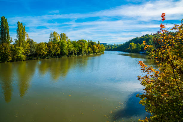 Germany, Stuttgart panorama view neckar river water beautiful autumn nature landscape sun