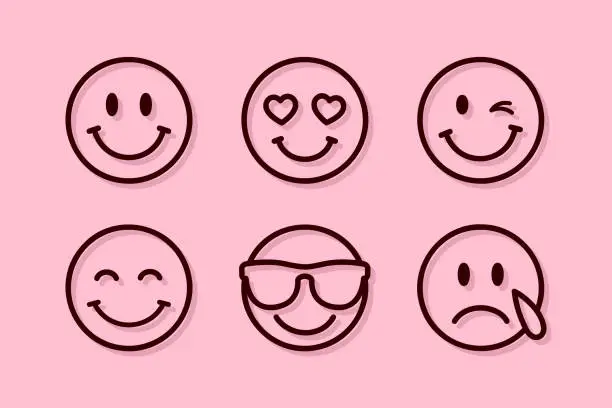 Vector illustration of emoji set, set of thin line smile emoticons isolated on a pink background, vector illustration