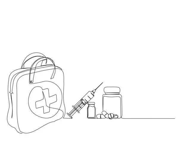 Vector illustration of Continuous one line drawing of first aid kit bag with vaccine and Injection Syringe. simple first aid bag with pills, capsule and drugs line art vector illustration. Editable stroke.