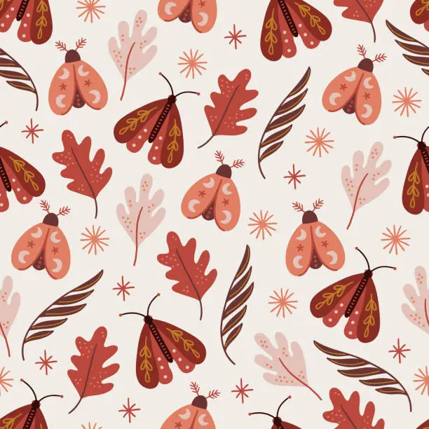 Vector illustration of Boho seamless pattern with moths, stars and leaves. Vector illustration