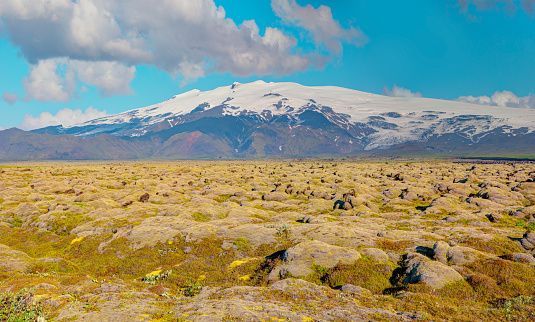 The Katla volcano  with unique green moss lava fields growth - Katla, Iceland