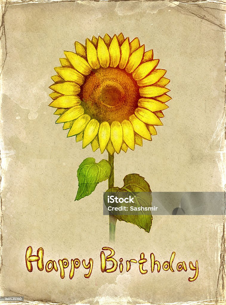 День рождения Открытка с drawing of sunflower - Стоковые иллюстрации Акварельная живопись роялти-фри