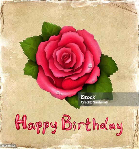 Kartka Urodzinowa Z Ilustracja Przedstawiająca Pink Rose - Stockowe grafiki wektorowe i więcej obrazów Akwarela