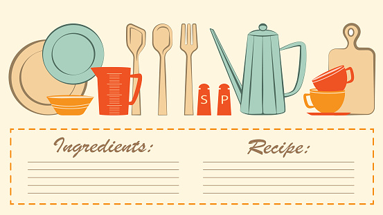 Recipe card with kitchen utensils pattern and place for text, flat design, vector illustration.
