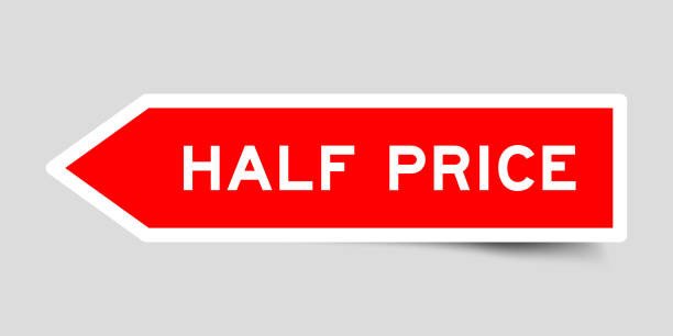 istock Red color arrow shape sticker label with word half price on gray background 1605356629