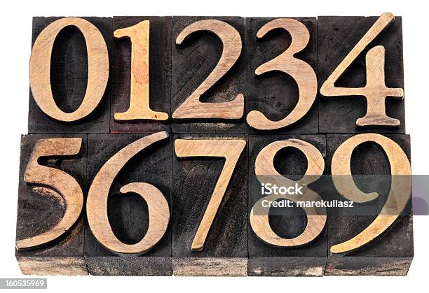 I Numeri In Tipo Legno - Fotografie stock e altre immagini di Antico - Vecchio stile - Antico - Vecchio stile, Bianco, Blocco da stampa