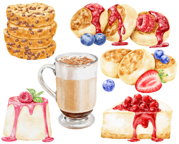 istock Cookies and cakes with coffee dessert food illustration. 1605359952