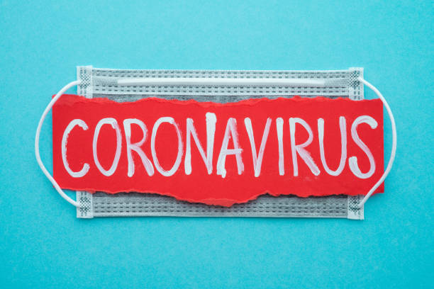 Text CORONAVIRUS with gray protect face mask on blue background with copy space.