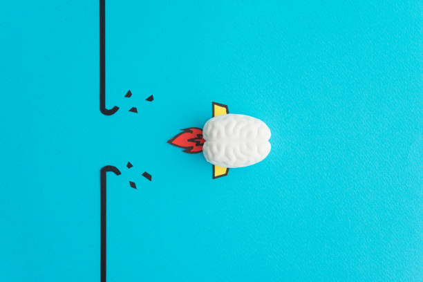 Brain rocket breaking through black wall obstacle on blue background minimal style.
