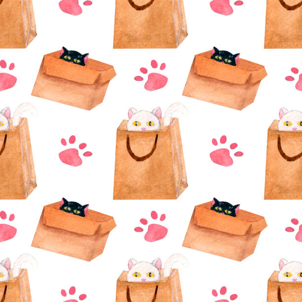 ilustrações de stock, clip art, desenhos animados e ícones de watercolor seamless pattern with cats in boxes and simple paw print on a white background. - gift box packaging drawing illustration and painting