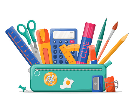 School pencil case with various stationery such as pens, scissors, ruler, calculator, glue. Back to school. Pencil box isolated on white background. Great for design banner, poster, social media, web
