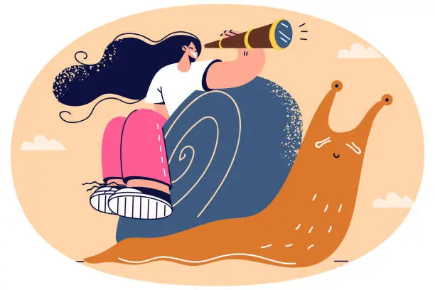 Vector illustration of Happy woman sitting on snail fail in race