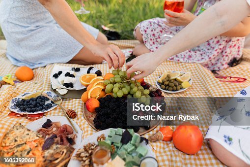 istock Unrecognizable female hands take grapes from a plate at a picnic on a sunny day 1605392068