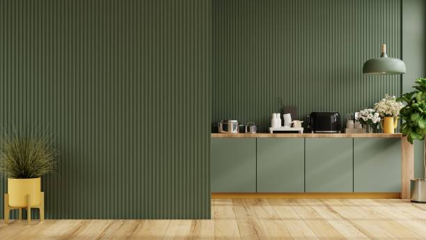 Green kitchen and minimalist interior design.