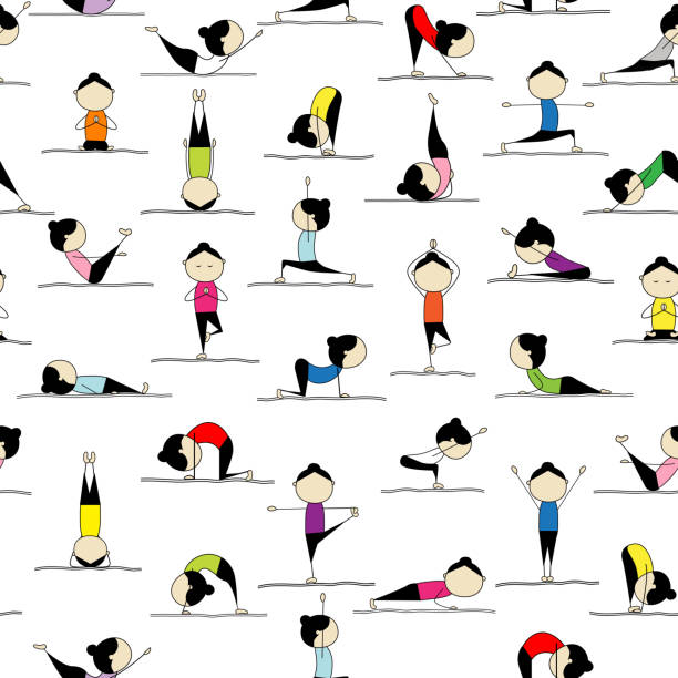 ilustrações de stock, clip art, desenhos animados e ícones de pessoas a praticar ioga, plano de fundo para o design sem costuras - yoga posture dog cobra