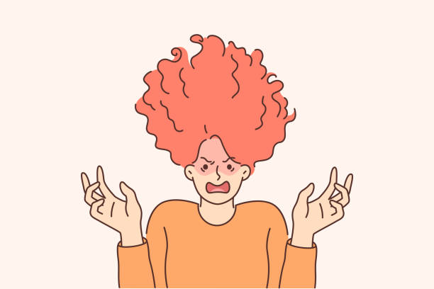 illustrations, cliparts, dessins animés et icônes de une femme nerveuse aux cheveux hirsutes crie et subit une agression due à un trouble psychologique - shaggy hair