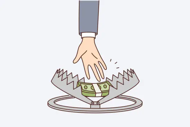Vector illustration of Person hand reaches for money in trap, symbolizing risky income or danger when taking mortgage