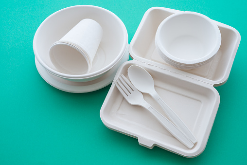 Natural eco-friendly disposable utensils (fork, spoon, dish plate, bowl, cup and fast food box container) made of fiber of bagasse and bamboo on green background with copy space. Save the earth and waste reduction concept.
