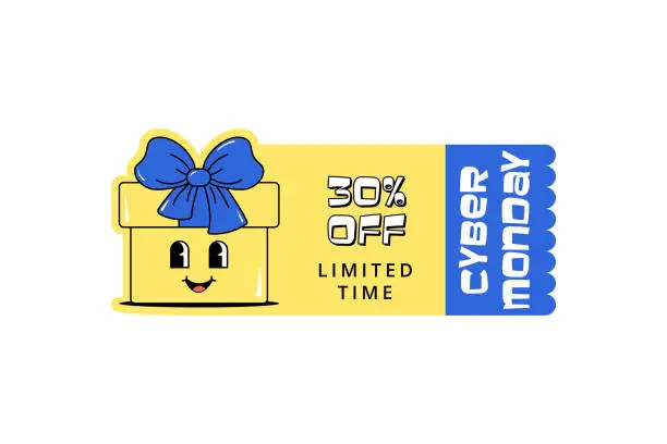 Vector illustration of Black friday and sale. Cute character gift box with a face. Design for voucher, ticket and coupon for kids clothes, shoes, toys and stationery. White background. Groovy style. Vector illustration