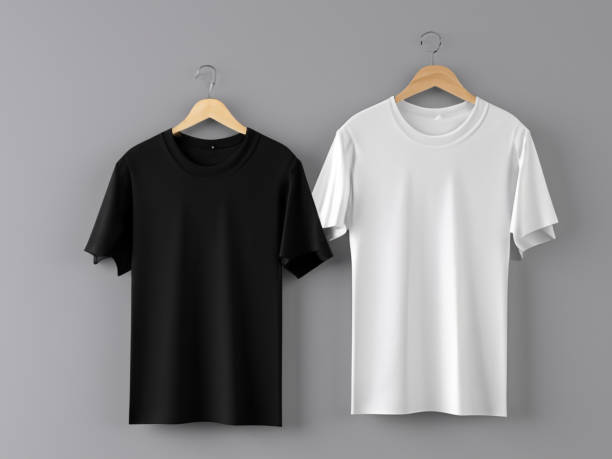 istock Realistic tshirt mockup | Blank black and white t-shirt on hanger, design mockup. Clear plain cotton tshirt mock up template. Apparel store logo mock branding display 1605405189