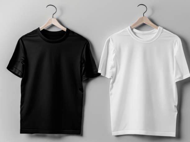 istock Realistic tshirt mockup | Blank black and white t-shirt on hanger, design mockup. Clear plain cotton tshirt mock up template. Apparel store logo mock branding display 1605405743