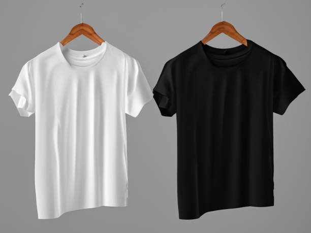 istock Realistic tshirt mockup | Blank black and white t-shirt on hanger, design mockup. Clear plain cotton tshirt mock up template. Apparel store logo mock branding display 1605408573