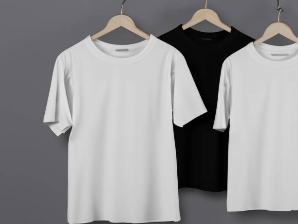 istock Realistic tshirt mockup | Blank black and white t-shirt on hanger, design mockup. Clear plain cotton tshirt mock up template. Apparel store logo mock branding display 1605409132