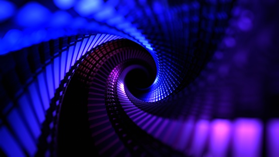 An abstract futuristic spiral tunnel, with neon lights flying through a technology building.