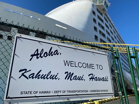 Cruise ship docks in port at Kahului, Maui, Hawaii in early 2020 | January 5, 2020