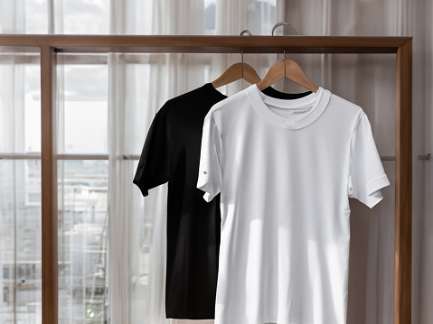 Realistic tshirt mockup | Blank black and white t-shirt on hanger, design mockup. Clear plain cotton tshirt mock up template. Apparel store logo mock branding display