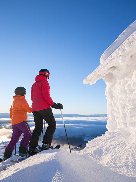 Two female skiers standing next to frosty cabin stock photo