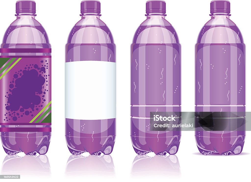 Quattro bottiglie di plastica di bevande gassate con etichette - arte vettoriale royalty-free di Bottiglia