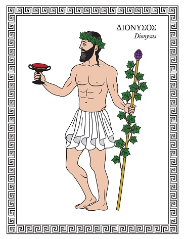 Vector illustration of Dionysus, Greek god of wine, vegetation, fertility, festivity, ritual madness, religious ecstasy and theatre