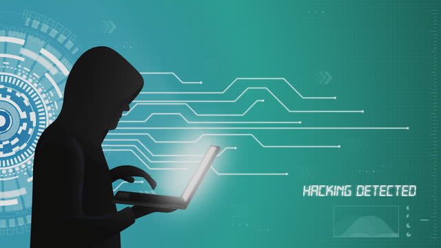 Hacker using computer on an abstract hacking detected security breach background