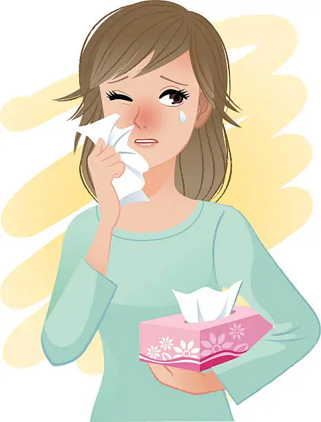 Vector illustration of Watery eyed woman hodling facial tissue box