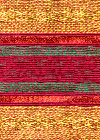 Cotton fabric woven in India about 150 km from Delhi. Fabric destined for beadspreads, table runners and handbags. Textiles account for nearly 1/3 of India's export earnings.