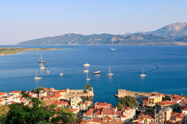 view of the harbor of nafpaktos and the gulf of corinth - gulf of corinth imagens e fotografias de stock