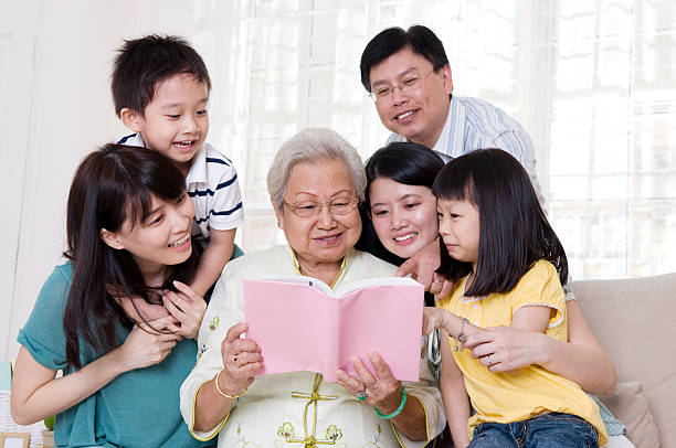 istock Grandmother shows book for three grandsons and two parents 160547253