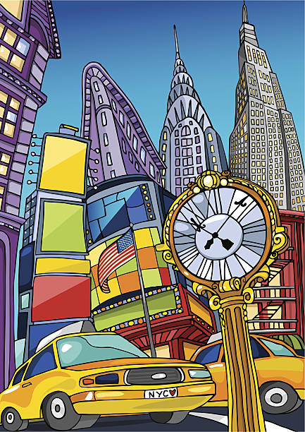 Love Manhattan An enchanting view of Manhattan landmarks in New York City. Sketch and colours are on different layers. AI 10 compatible times square stock illustrations
