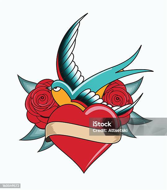 Tatuagem De Coração Emblema - Arte vetorial de stock e mais imagens de Símbolo do Coração - Símbolo do Coração, Tatuagem, Rosa - Flor