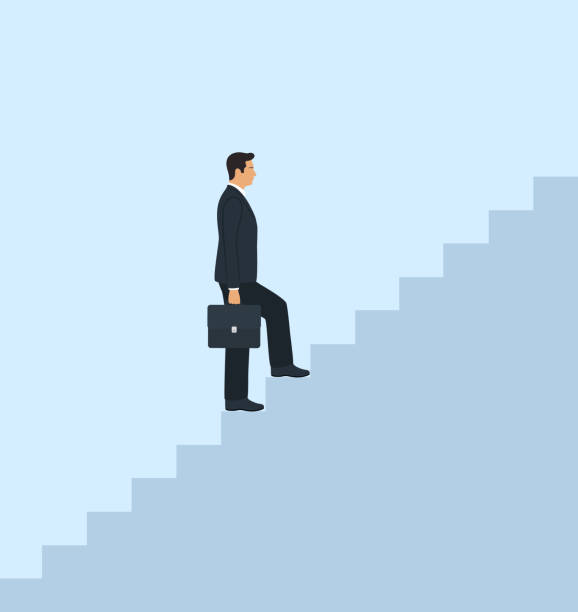 ilustrações, clipart, desenhos animados e ícones de vista lateral do empresário subindo escadas. conceito de crescimento e desenvolvimento de carreira - staircase determination goal high up