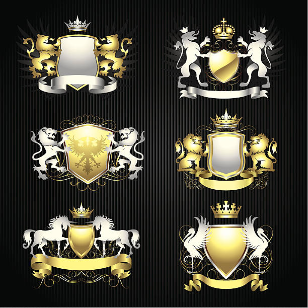 실버 및 골드 heraldry 설정 - shield lion griffin crown stock illustrations