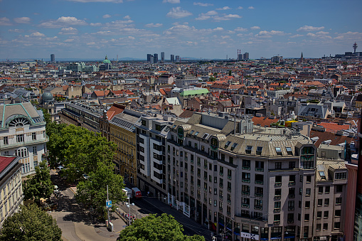 Vienna, Austria - June 29, 2023: Panoramic view of the city of Vienna from the Haus des Meeres observation deck. Streets and architecture of the old city.