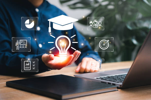 istock Education, E-learning graduate certificate and business concept, Women showing light bulb with graduation hat in hand Education technology study knowledge, creative thinking idea human development 1605523233