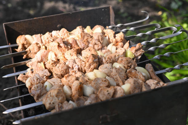 schaschlik wird auf einem holzkohlegrill gegart - barbecue grill broiling barbecue vegetable stock-fotos und bilder