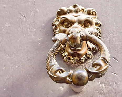 Door with brass knocker in the shape of a decor,  beautiful entrance to the house, vintage decoration