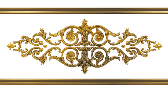 3D render of vintage gold baroque frame scroll, gold ornament on transparent background
