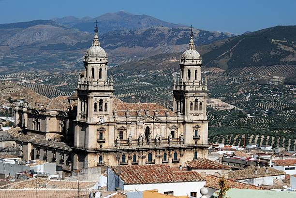 Cathedral, Jaen, Andalusia, Spain. Assumption of the Virgin Cathedral with views over the surrounding city rooftops, Jaen, Jaen Province, Andalusia, Spain, Western Europe. jaen stock pictures, royalty-free photos & images