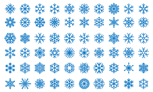 Set of 60 original snowflake vector icons. Editable stroke.
