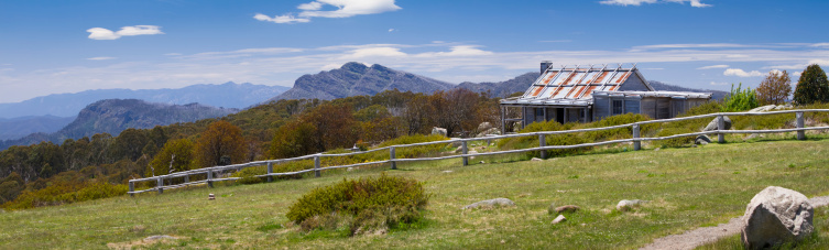 Panoramic image of iconic Craig's Hut of movie fame in the Victorian alps, Australia